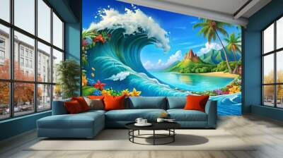 Vibrant illustration of Polynesia's island nations, including Hawaii, Tahiti, and Samoa, set against a bright blue Wall mural