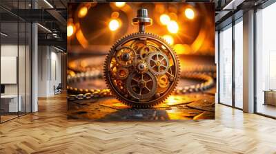 Vintage Gear Pendant Close-Up: Mechanics, Creativity, and Timelessness in Warm Light Wall mural