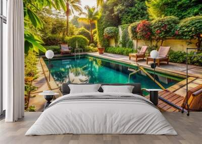 Vintage Style Pool Cleaning in a Private Backyard with Lush Greenery and Classic Decor Wall mural