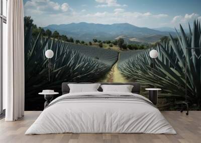 Beautiful view of the agave fields with vanishing point perspective. wonderful landscape in mountains. Tequila, Jalisco. Generative AI Wall mural