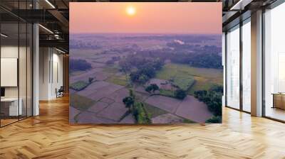 Aerial landscape view of a Rural India during sunset or sunrise Wall mural