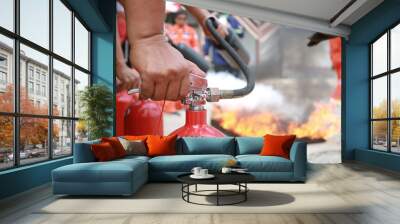 Employees firefighting training, Concept Employees hand using fire extinguisher fighting fire closeup Wall mural