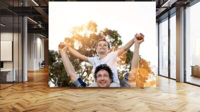 Airplane, love or father and son with piggyback fun in park for bonding on sunset adventure in nature. Flying, support or happy boy child with dad in forest for learning, balance or shoulder games Wall mural