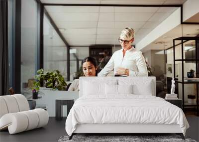 Providing training to the employee wholl fill in for her. two businesswomen working together on a laptop in an office. Wall mural