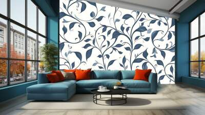 A blue and white leaf patterned wallpaper with white background. Wall mural