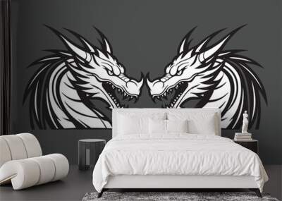 two dragons. Black and white logos and tattoos. flat design style. Suitable for e-sports, games, squads, etc. design template vector Wall mural