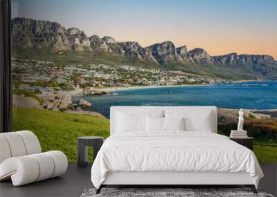 Camps bay, and the Twelve Apostles mountain on atlantic ocean from Fourth Beach, Clifton, Cape Town, South Africa Wall mural