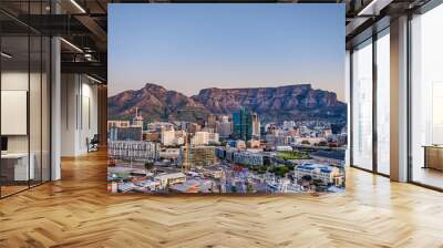 Wide angle shot of Cape Town city central business district and table mountain in the background during sunset, South Africa Wall mural