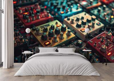 Pedal Power: A Vibrant Array of Guitar Effects Pedals in Close Proximity Wall mural