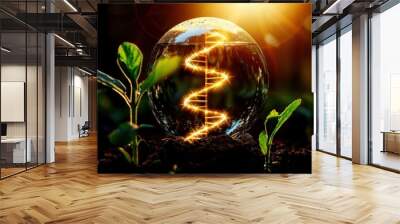 A crystal ball reflecting light and energy amidst green sprouts, symbolizing nature and growth. Wall mural