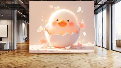 A cute fluffy yellow baby duckling hatching from a cracked eggshell. Wall mural