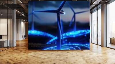 A futuristic wind turbine illuminated with blue lights, representing the concept of renewable energy and technological advancement. Wall mural