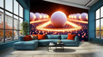 A glowing golf ball surrounded by illuminated spheres, creating a captivating visual of sport and light. 3D Wall mural