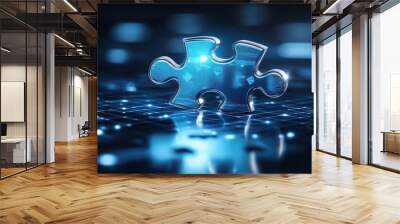 A glowing puzzle piece stands out against a matrix of blue lights, symbolizing problem-solving and connectivity in a digital world. 3D Wall mural