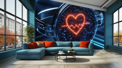 A modern smartwatch displaying a glowing heart rate monitor, symbolizing health and technology integration in daily life. Wall mural