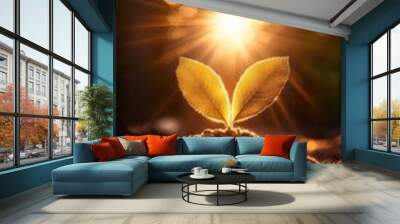 A newly sprouted plant emerging from fertile soil as sunlight breaks through, symbolizing growth and renewal in nature. 3D Wall mural