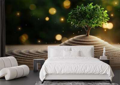 A serene scene depicting a small tree growing atop a sand mound, symbolizing growth and tranquility in nature. Wall mural