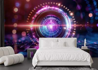 A vibrant digital lens glowing with colorful light effects, representing technology and innovation in a modern setting. Wall mural