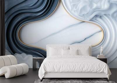 Abstract background with flowing white and gray fabric framing a marble surface.  A golden line accents the border. Wall mural