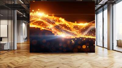 Abstract glowing orange waves and light particles on a dark background, perfect for a futuristic or technological theme. Wall mural