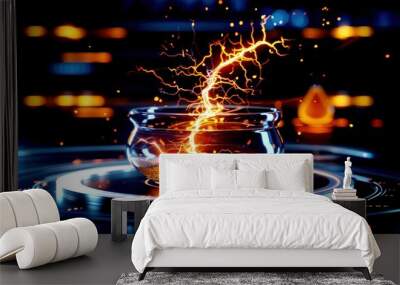 Closeup of electric sparks dancing over a petri dish, glowing ambient light, highresolution, high quality, electromagnetism and microbiology, intricate details Wall mural