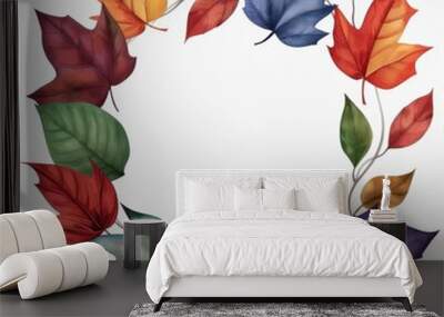 Colorful autumn leaves arranged in a circular wreath on a white background. Wall mural