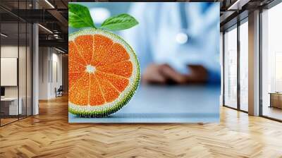 Fresh orange with green leaf on table in laboratory setting, healthy concept, clinical research, vibrant color. Wall mural