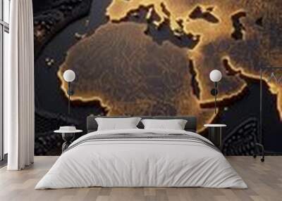 Stylish illuminated world map with a modern design, highlighting continents in a captivating glow against a dark background. Wall mural