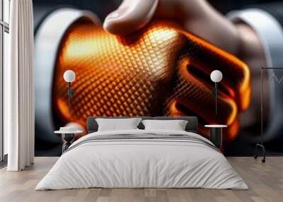 Two hands shaking, one metallic orange, against dark background, symbolizing collaboration and innovation. Wall mural