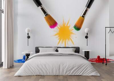 Two paintbrushes creating a colorful splash on a white paper background. Wall mural