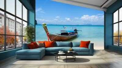 Long tail boat on the tropical beach in thailand Wall mural