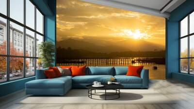 Wooden Mon Bridge with sunrise Wall mural