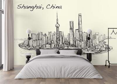 sketch cityscape of Shanghai skyline free hand draw illustration vector Wall mural