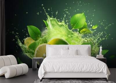 Lime fruit slice, leaves and green juice splash. Ai. Mojito drink Wall mural