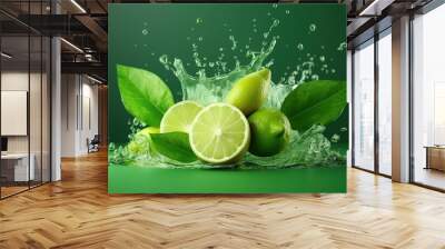 Lime fruit slice, leaves and green juice splash. Ai. Mojito drink Wall mural