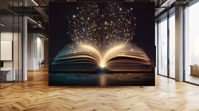 Magic book with light sparkles and shine. Ai. Fairy tale book with open pages, magic shiny stars light and sparkling fireworks on mystic bokeh rays background Wall mural