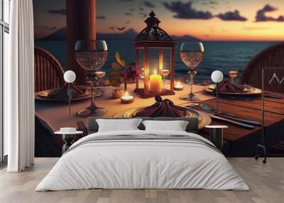 Romantic dinner table on the beach. Ai art Wall mural