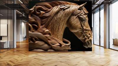 Wood sculpted horse. Ai. Wooden decorative carving Wall mural