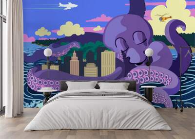 A giant octopus hugging a city creates turbulent waters as a jet airliners flies by, a helicopter looks on and a boat crashes against the waves.
 Wall mural