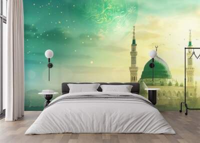 Mosque with Green Dome and Golden Stars Wall mural