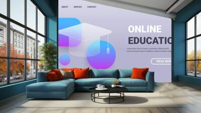 Glass morphism style education service landing page. Glass graduation vector illustration Wall mural