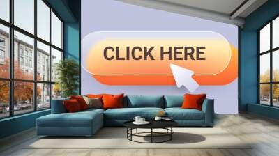 Orange glass morphism click here button on gray background. Vector digital app object illustration Wall mural