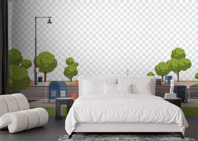 Road and sidewalk with trees on transparent isolated background. Street and roadway elements in flat style Wall mural