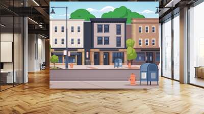 Small town summer street vector. Facades of buildings with shops and cafes. Vector flat illustration Wall mural