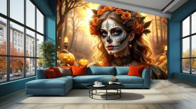 Woman in Day of the Dead makeup with floral crown for Halloween, autumn events, and Dia de los Muertos celebrations. Ideal for seasonal promotions, blog posts, or educational content on cultural festi Wall mural