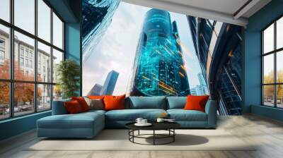 A high-rise building in a futuristic city with a minimalist design and advanced smart technology systems, showcasing innovation in urban living Wall mural