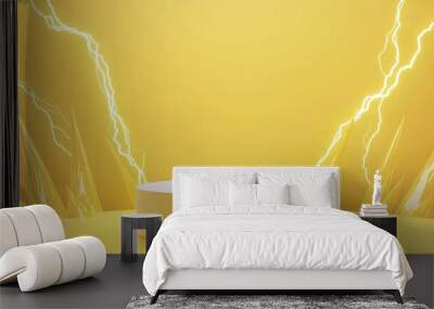 A modern 3D podium with ample empty space on top, set against a bright yellow background, framed by abstract lightning bolt designs, perfect for energy drink advertising Wall mural