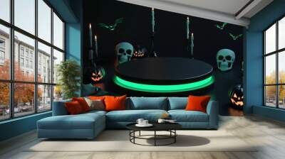 A polished black 3D podium with glowing green edges, surrounded by floating skulls, jack-o'-lanterns, and flickering candles in a dark Halloween setting Wall mural