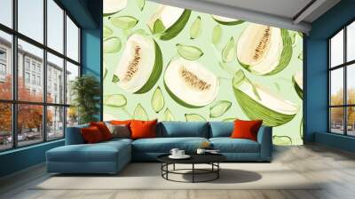 A seamless pattern illustration featuring honeydew with pale green flesh and seeds Wall mural