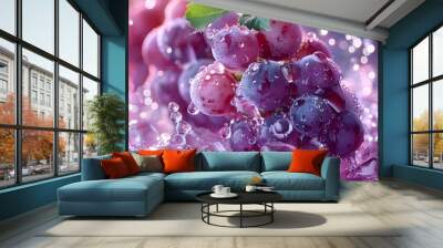 grape ice fruit with grape and ice cubes mixed with water splash floating on purple background Wall mural